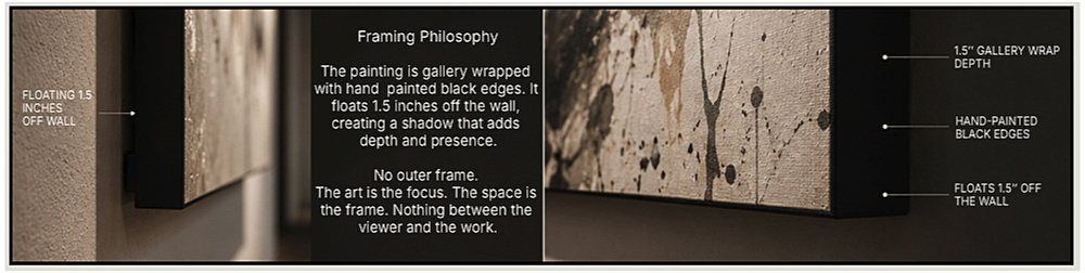A banner the shows framing philosophy measurements, 1.5 inch thick gallery wrapped canvas as shown on a wall